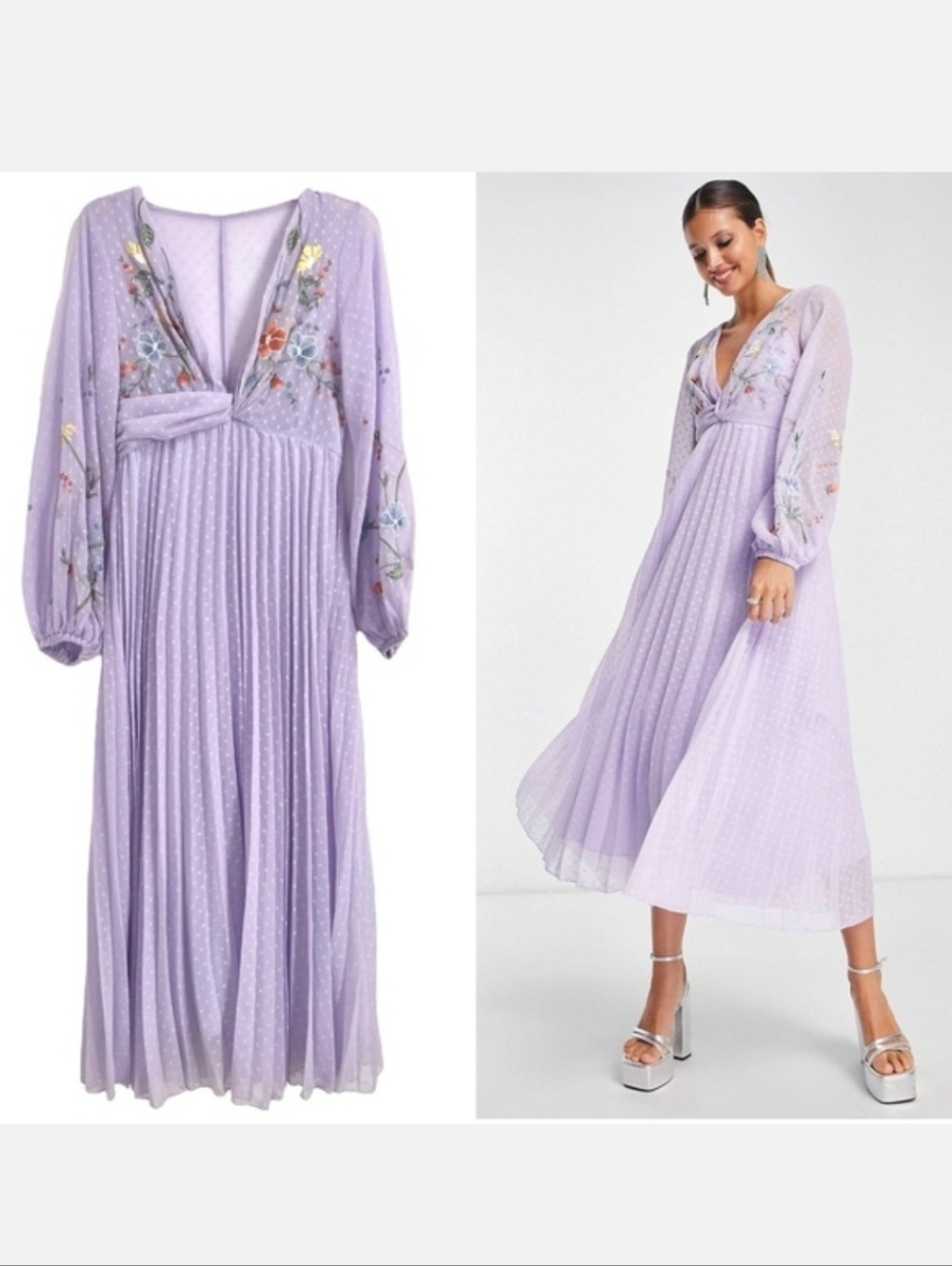 ASOS DESIGN twist front pleated midi dress Embroydery Lilac Purple Size 0